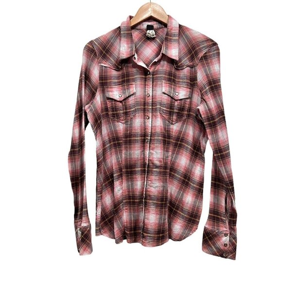 We The Free People Blouse Size M Pink Tan Plaid Long Sleeve Button up Back Ties - Picture 1 of 13